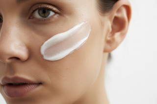 close-up-of-dull-uneven-textured-caucasian-face-skin-a-swipe-of-cream-texture-minimal-bright-background-include-inclusive-model-skin-tones