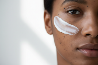 close-up-of-hyperpigmentation-dark-spots-on-face-a-swipe-of-cream-texture-minimal-bright-background-include-inclusive-model-skin-tones