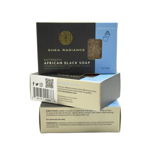 Shea Radiance unscented African Black Soap 3-pack Bars on a white background