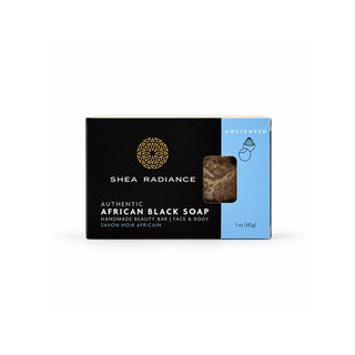 A single bar of Shea Radiance Authentic unscented African Black Soap, presented in its black and blue packaging with a small clear window showing the dark brown soap bar inside.