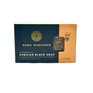 Shea Radiance citrus African Black Soap Bar on a white background