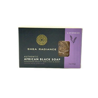 Shea Radiance lavender African Black Soap Bar on a white background