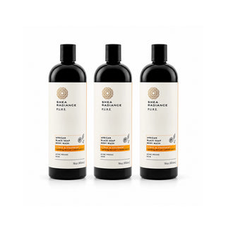 Three Shea Radiance Pure African Black Soap Body Wash bottles arranged side by side on a white background.