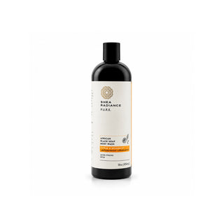 A bottle of Shea Radiance Citrus Pure African Black Soap Deep Clean shampoo on a white background. The bottle is black with a white label featuring gold and orange accents.