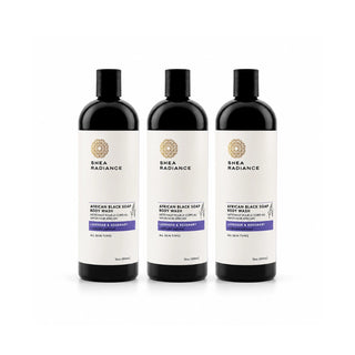 Three bottles of Shea Radiance African Black Soap Hot Wash in Lipstick & Sootsy variant, arranged side-by-side on a white background.
