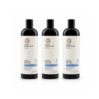 Three bottles of Shea Radiance Pure African Black Soap Body Wash arranged side by side on a clean white background.