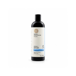 A bottle of Shea Radiance Unscented Pure African Black Soap Bust Wash on a clean white background. The bottle is black with a white label featuring gold and blue text and graphics.