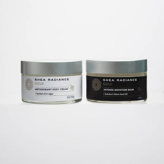 Shea Radiance Gold large body care Antioxidant body cream and Intense Moisture Balm jars on a white background
