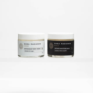 Shea Radiance Gold small body care Antioxidant body cream and Intense Moisture Balm jars on a white background