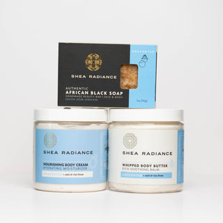 Shea Radiance African Black unscented Soap with body cream and whipped butter on a white background