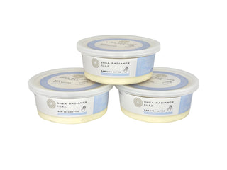 Three containers of unscented small Shea Radiance raw shea butter on a white background