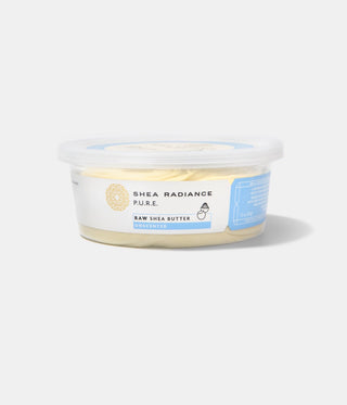 Small Container of Shea Radiance unscented raw shea butter on a white background