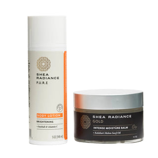 Shea Radiance vitamin c brightening body lotion and large intense moisture balm on a white background