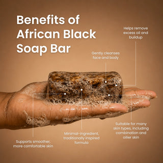 Image of hand with a lathered African Black Soap bar showing Benefits