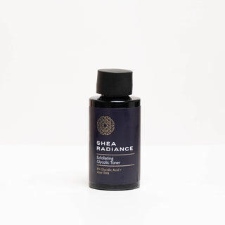 Shea Radiance travel size exfoliating toner bottle on a white background