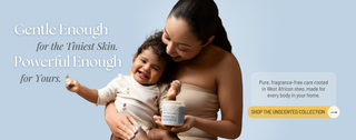 Woman holding a baby and a jar of cream with text about product benefits on a light blue background.
