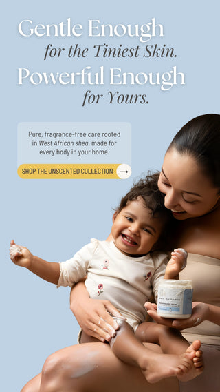 Woman holding a baby and a jar of product with a light blue background and text about gentle and powerful skincare.