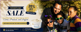 Promotional banner for a Father's Day sale with a family photo and product display.