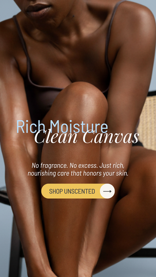 Woman sitting on a chair with a jar of cream on a gray background, promoting 'Rich Moisture Clean Canvas'.