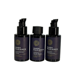 Three bottles of Shea Radiance hydrating regimen skincare products on a white background