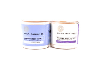 Moisture_Layering_Duo - unscented nourishing cream & lavender whipped butter on a white background