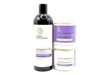 Shea Radiance lavender skincare products including a body wash, nourishing cream, and whipped butter on a white background
