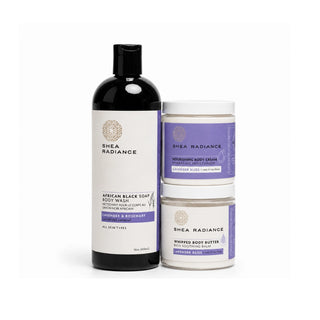 Shea Radiance lavender skincare products including a body wash, nourishing cream, and whipped butter on a white background