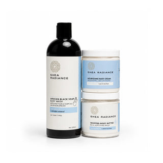 Shea Radiance unscented body care products including body wash, nourishing cream, and whipped butter on a white background