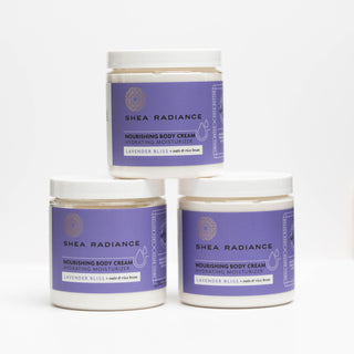 Three jars of Shea Radiance lavender nourishing body cream on a white background