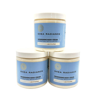 Three jars of unscented nourishing body cream stacked on a white background