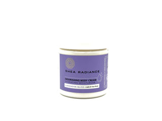 Shea Radiance lavender nourishing body cream jar on a white background