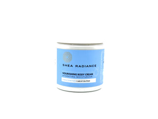 Shea Radiance unscented nourishing body cream jar on a white background