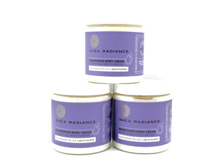 Three jars of Shea Radiance Lavender Bliss body cream on a white background