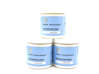 Three jars of Shea Radiance unscented nourishing body cream on a white background