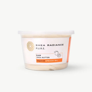 Large Container of Shea Radiance apricot raw shea butter on a white background