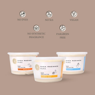 Three containers of Shea Radiance Pure Raw Shea Butter on a beige background with certification icons.
