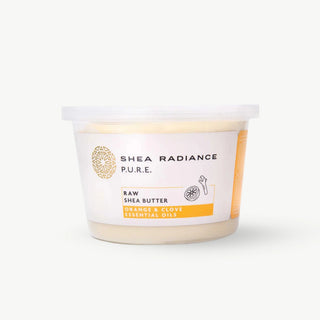 Large Container of Shea Radiance orange & clove raw shea butter on a white background