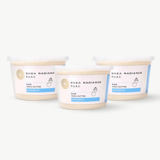 Three containers of unscented large Shea Radiance raw shea butter on a white background