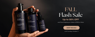 Three Shea Radiance skincare bottles held in a person's hands against a dark background, with promotional text reading 'FALL Flash Sale Up to 50% OFF' and 'SHOP THE SALE 7 DAYS ONLY'.