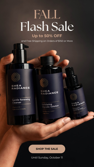 Three Shea Radiance skincare bottles held in a person's hands against a dark background, with promotional text reading 'FALL Flash Sale Up to 50% OFF' and 'SHOP THE SALE 7 DAYS ONLY'.