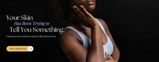 Advertisement featuring a woman with text about skin care and a call to action to shop 'Unscented'.