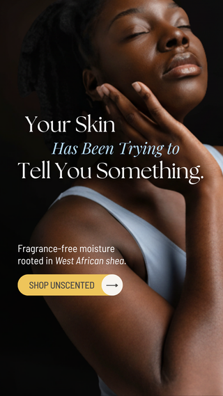 Advertisement featuring a woman with text about skin care and a call to action to shop 'Unscented'.