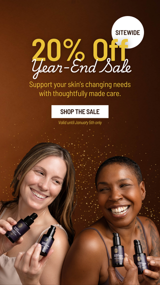 Promotional banner showing two smiling women holding Shea Radiance face care bottles against a warm brown background, with text reading “20% Off Year-End Sale,” “Sitewide,” and “Shop the Sale,” valid until January 5.