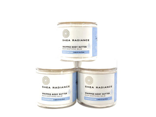 Three jars of Shea Radiance unscented whipped body butter on a white background