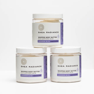 Three jars of Shea Radiance lavender Whipped Body Butter on a white background