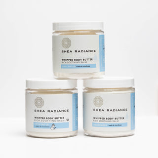 Three jars of Shea Radiance unscented whipped body butter on a white background