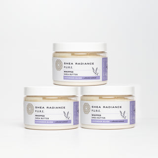 Three jars of Shea Radiance lavender Pure Whipped Shea Butter on a white background