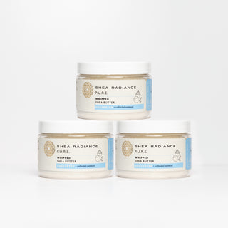 Three jars of Shea Radiance unscented Pure Whipped Shea Butter on a white background