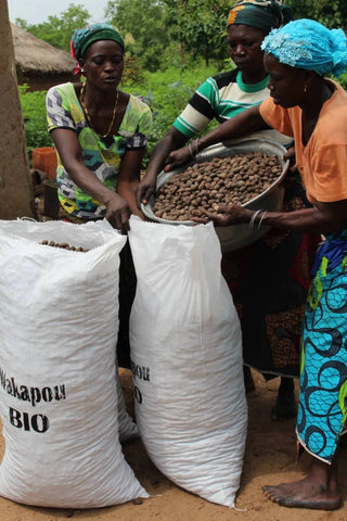 Three women handling a large container of beans with bags labeled 'Wakapou Bio' in an outdoor setting.